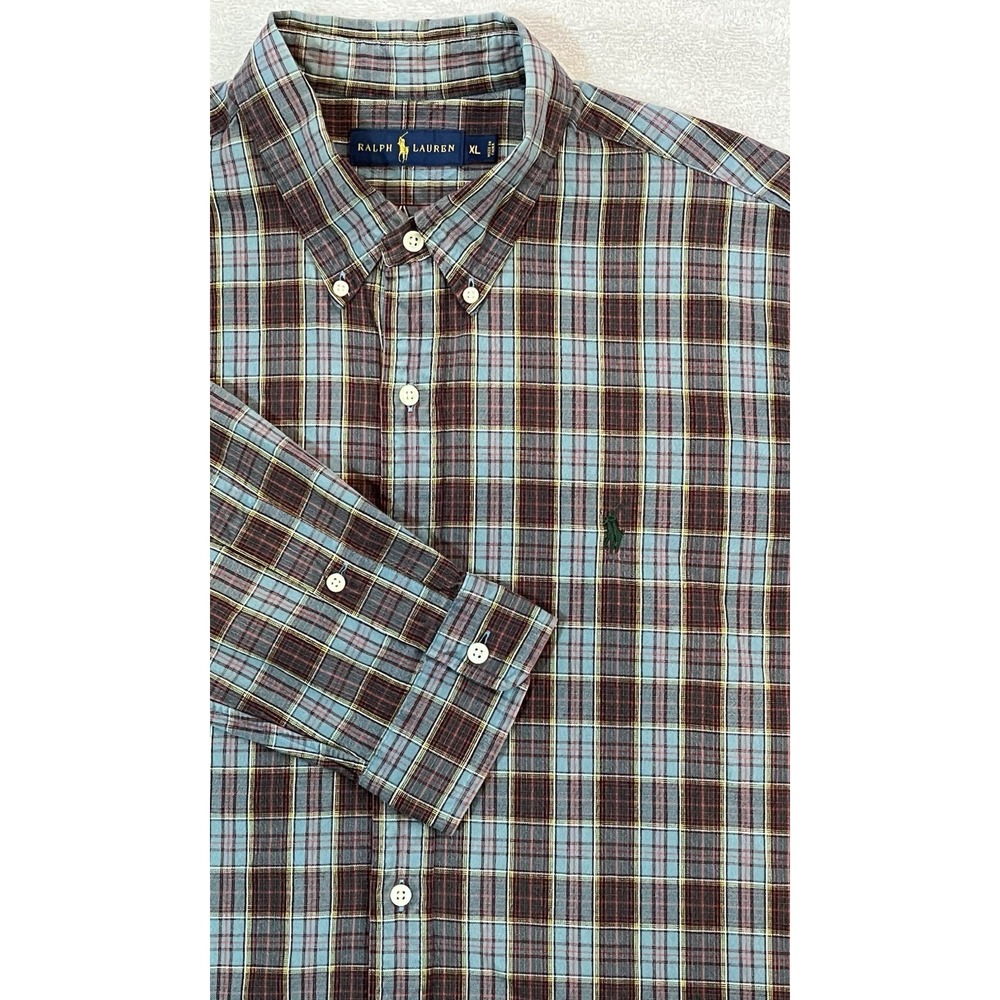 Ralph Lauren Polo Men's XL Shirt Blue Plaid Button Down L/S Green Pony Oxford